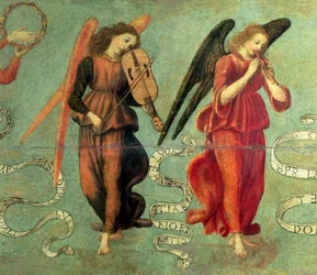Engle spiller violin og pibe, ca. 1475-97 tempera på paneldetalje af 64871, se også 64872 og 64873