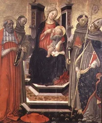 Madonna og barn med SS. Jerome, Frans af Assisi, Anthony af Padova og Ludvig af Toulouse (tempera på panel)