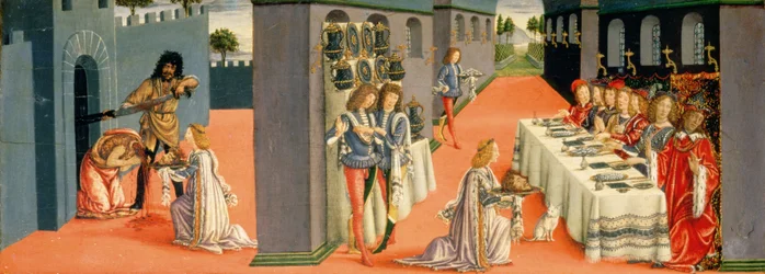 Scener fra St. Johannes Døberens martyrium, predella-panel fra Sakramenternes Tabernakel, ca. 1484-6 (tempera på panel) (detalje fra 94757)