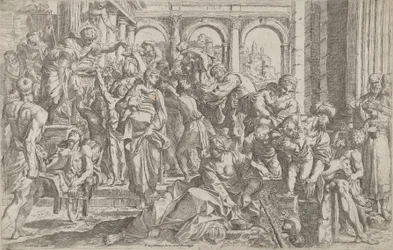 Saint Roch til venstre uddeler almisse til en gruppe mennesker, der var samlet omkring ham, efter ..., 1590-1600.