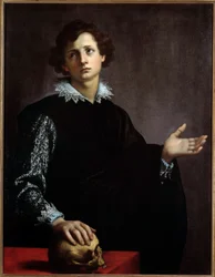 Portræt af en ung mand. Maleri (Vanita) af Francesco Currado (1570-1661)