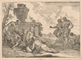 En satyr med en stav og syv andre skikkelser