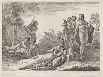Apollo og nymfer i et landskab med en buste af pan