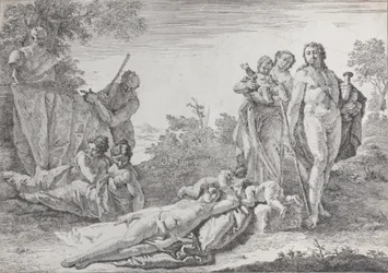 Ni figurer nær en Herm of Pan, fra Bacchanals and Histories, 1744.