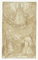En kronet Madonna med barnet, omhængt med en kappe og tunge kæder, åbenbarer sig i skyerne, omgivet af engle og keruber, for to knælende helgener; den ene en soldat, der er martyr, den anden en gejstlig (Hyacintus?). En engel rækker et bælte eller et skrif