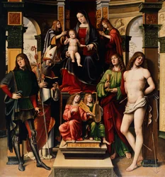 Madonna med barn, engle og helgener, af Francesco Francia (1450-1517), San Giacomo Maggiore-kirken, Bologna, Italien