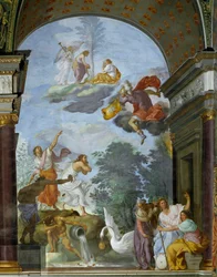 Allegori om Lawrence de Medici il Magnificents (1449-1492) død. Til højre, repræsentation af skæbnens guddomme, kabinetterne (eller parkerne): Clotho, Lachesis og Atropos. Fresco af Francesco Furini (160).