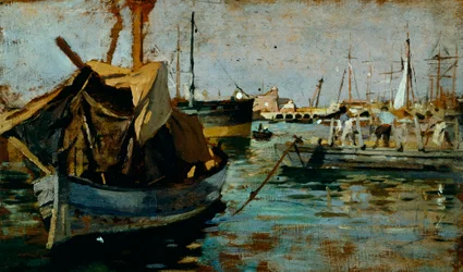 På arbejde i Livornos havn (Leghorn) af Francesco Gioli (1846-1922), olie på panel, 22x38 cm