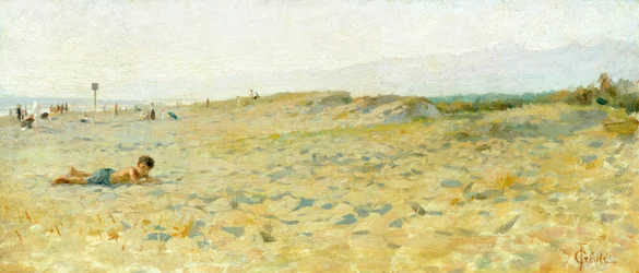 Strand i Cinquale af Francesco Gioli (1846-1922), olie på panel