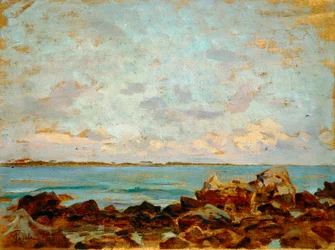 Castiglioncello af Francesco Gioli (1846-1922), olie på panel, 27x36 cm