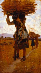 Kvindelige skovhuggere fra San Rossore (studie) af Francesco Gioli (1846-1922), olie på panel, 39x22 cm