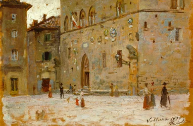 I kvadrat i Volterra af Francesco Gioli (1846-1922), olie på panel