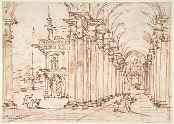Arkitektonisk capriccio: hvælvet søjlegang i et palads