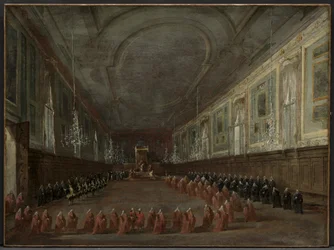 Pave Pius VI stiger ned af tronen for at tage afsked med dogen i salen..., ca. 1783.
