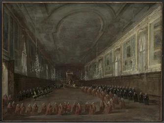 Pave Pius VI stiger ned på tronen for at tage afsked med dogen i SS Hall. Giovanni e Paolo, 1782