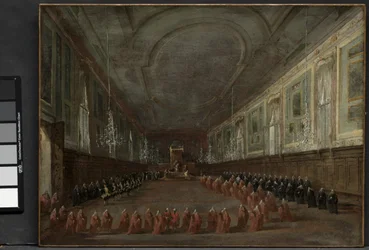 Pave Pius VI stiger ned på tronen for at tage afsked med dogen i SS