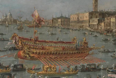 Bucintoro-festivalen i Venedig. Bacino di S. Marco med Bucintoro, Doges State Pram, på Kristi Himmelfartsdag (detaljer), 1780-93