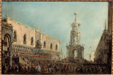 Dogen af Venedig deltager i fejringen af Gras torsdag på Piazzetta di San Marco Doge Alvise IV Mocenigo (1701-1778) deltager i akrobatiske forestillinger fra balkonen på Dogepaladset. Maleri af Francesco Guardi (1712-1793) 1766-1770 søn. 0,67x1 m
