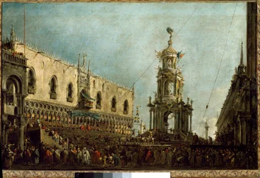 Dogen af Venedig deltager i fastelavnstirsdagsfejringen på Piazzetta di San Marco