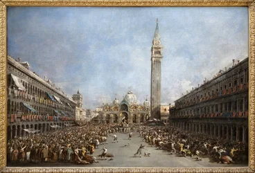 Dogen af Venedig bærer af gondoliererne efter hans valg til Markuspladsen (San Marco) (udsigt over Sankt Markusbasilikaen og klokketårnet), oliemaleri af Francesco Guardi (1712-1792). Fotografi, KIM Youngtae, Grenoble, Musee de Grenoble.