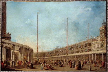 Dogen af Venedig følger processionen af Corpus domini piazza San Marco (Markuspladsen) Dette er sandsynligvis Doge Alviso IV Mocenigo (1763-1778). Maleri af Francesco Guardi (1712-1793) 1766-1770 søn. 0,67x1m
