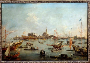 Dogen på Bucentaurus (Bucentoro) i San Nicolo i Venedig på Kristi Himmelfartsdag Dette er sandsynligvis Doge Alvise IV Mocenigo (1763-1778). Maleri af Francesco Guardi (1712-1793) 1775-1780 søn. 0,67x1m