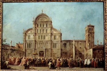 Dogen af Venedigs procession til San Zaccaria-kirken på påskedag (1763). Maleri af Francesco Guardi (1712-1793), omkring 1766-1770. Olie på lærred. Mål: 0,67 x 1,01 m. - Optoget af Doge of Venedig ved San Zaccaria-kirken på E