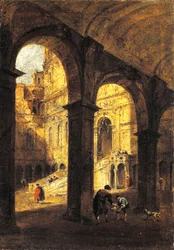 Udsigt over gården til Palazzo Ducale og kæmpetrappen (Scala dei Giganti), i Venedig, ca 1780, af Francesco Guardi (1712-1793), olie på lærred, 26x39 cm.