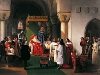 Filippo Maria Visconti, hertug af Milano returnerer kronen til konger af Aragona og Navarra, taget til fange af genuesere, af Francesco Hayez (1791-1882)