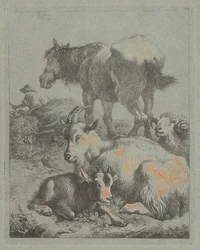 Hest, vædder, ged med kid, i det fjerne en hyrde med flok, 1759.