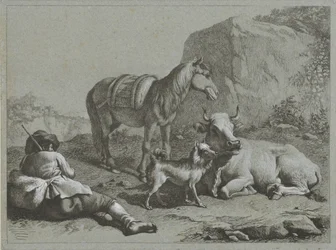Liggende hyrde med hest, ko og hund Hyrdescener (serietitel)
