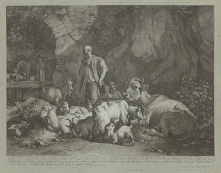 Gammel, skaldet-hovedet hyrde, siddende hyrdedreng og flok, efter 1766.