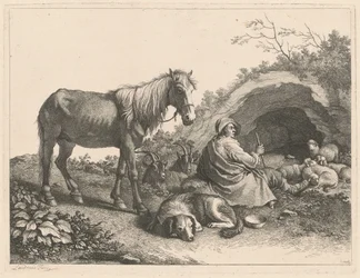 Siddende hyrde med hest, hund, geder og får