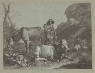 Hyrde hvilende på en vandrestav med en gammel hest og en liggende tyr, efter 1767.