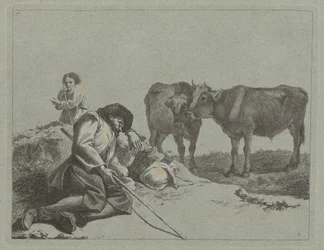 Sovende hyrde, to kalve og en bondekone, 17621763.
