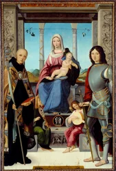 Jomfruen og barnet omgivet af Saint Benedict of Nursie og Saint Quentin med to engle Maleri af Francesco Marmitta (kendt mellem 1496 og 1504) 15. århundrede Sun. 2,2x1,38 m
