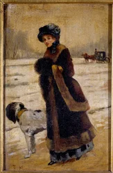 Ung kvinde med hund Ung borgerlig iført pels og ærme. Maleri af Francisco Miralles Galup (1848-1901) 1800-tallets privatsamling