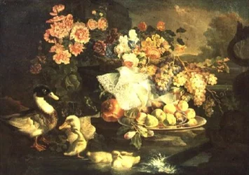 Stilleben af frugt og blomster med en and, drake og ællinger