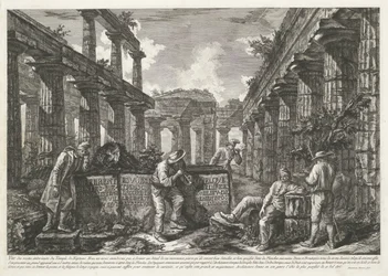 Titeltryk med rester af Neptuntemplet i Paestum med titel på blokke Forskellige visninger af resterne af tre store bygninger, der stadig står ved Paestum (serietitel) Différentes vues de quelques hviler de trois grands édifices qui