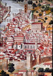 Pianta della Catena: Detalje af et kort over Firenze, kaldet „Catena“ på grund af kortets kædeformede ramme. Udført af Francesco di Lorenzo Rosselli (1448-1513) i 1490. Firenze, Museo Firenze com
