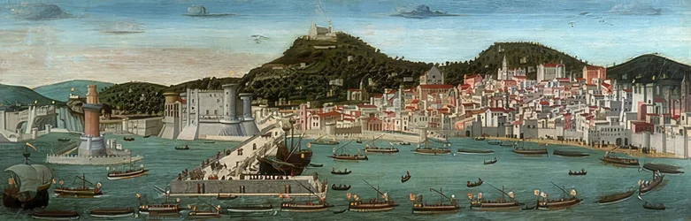 Tavola Strozzi. Udsigt over Napoli, den aragonesiske flåde sejler ind i havnen den 12. juli 1465