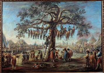 De hængtes træ. Et makabert skue med dømte, der tortureres ved hængning i grenene på et træ. Illustration inspireret af en gravering fra serien «Les misères de la guerre» af Jacques Callot (1592-1635). Maleri af Francesco Simonini.