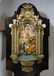 Stor helligvandsfont i malet majolica med central scene fra maleriet Adoration of the Magi af Francesco Solimena (1657-1747), Italien, 20. århundrede