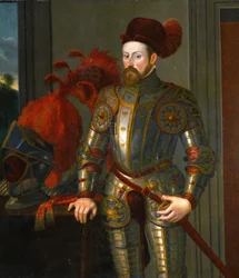 Ferdinand II af Tyrol, ærkehertug af Østrig - Portræt af Ferdinand II (1529-1595), ærkehertug af Østrig, af Terzio (Terzi), Francesco (ca. 1523-1591). Olie på lærred, ca. 1550. Mål : 135x130 cm. Kunsthistorisk Museum, Wien