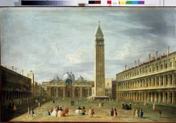 Markuspladsen (San Marco) (eller Piazzetta) i Venedig med Markuskirken og Campanile. (Markuspladsen i Venedig). Maleri af Francesco Tironi (1745-1797). Olie på lærred, 72 x 109 cm. Venetiansk kunst fra det 18. århundrede. Statens Museums Ark