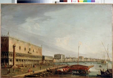 Udsigt over Markuspladsen (Piazzetta) med Dogepaladset i Venedig (Udsigt over Markuspladsen med Dogepaladset i Venedig). Maleri af Francesco Tironi (1745-1797). Olie på lærred, 73 x 111 cm. Venetiansk kunst fra det 18. århundrede. Statens Museum Arkhan