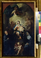 Jomfruen og barnet med hellige (Madonna og barnet med hellige). Maleri af Francesco Trevisani (1656-1746). Olie på lærred, 61,5 x 35,5 cm. Venetiansk skole, italiensk barokkunst. Regionalt kunstgalleri, Tambov (Rusland).