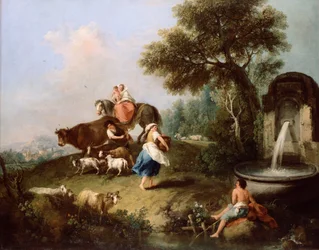 Landskab med springvand, figurer og dyr