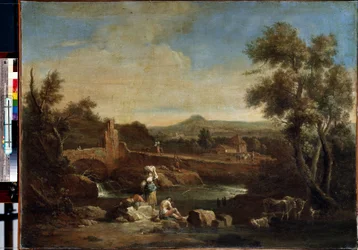 Landskab med en flod. Maleri af Francesco Zuccarelli (1702-1788). Olie på lærred, 81,5 x 119 cm. Venetiansk kunst fra det 18. århundrede. Eremitagemuseet, Sankt Petersborg.