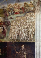 Allegori om maj måned, detalje om Apollons triumf, nøgne børn og ni muser detaljeret fresko af Francesco del Cossa (ca. 1436-omkring 1478) Ferrara (Ferrara) Palazzo Schifanoia, Salone dei Mesi